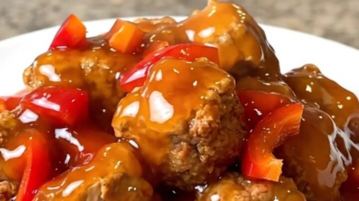A close-up of tender turkey bites in a tangy red-orange sweet and sour sauce with pineapple and peppers.