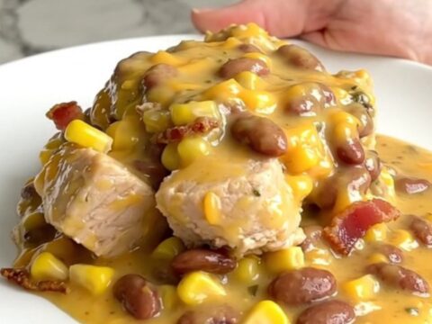 A top-down view of the creamy cowboy chicken casserole served in a white bowl, showing chicken, beans