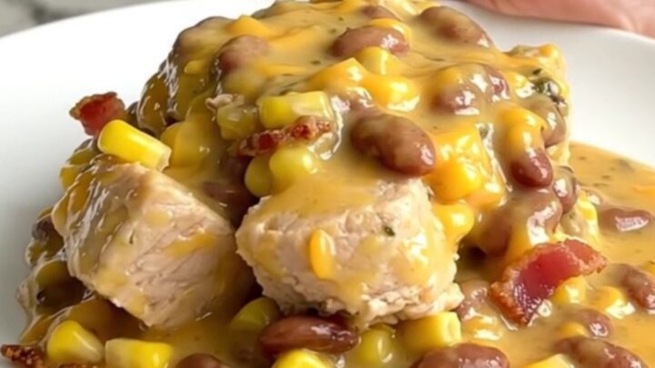A top-down view of the creamy cowboy chicken casserole served in a white bowl, showing chicken, beans