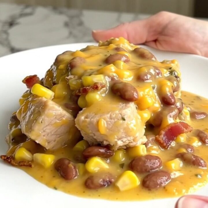 A top-down view of the creamy cowboy chicken casserole served in a white bowl, showing chicken, beans
