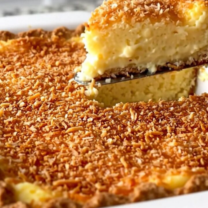 A top-down view of a creamy coconut custard pie in a white ceramic dish with a golden toasted coconut top.