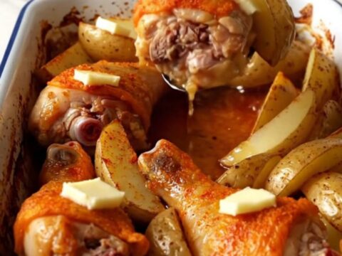 A large white rectangular baking dish filled with golden-brown chicken drumsticks and perfectly roasted potato wedges.