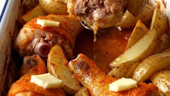 A large white rectangular baking dish filled with golden-brown chicken drumsticks and perfectly roasted potato wedges.