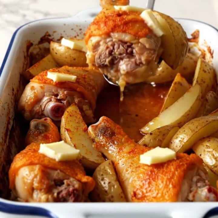 A large white rectangular baking dish filled with golden-brown chicken drumsticks and perfectly roasted potato wedges.