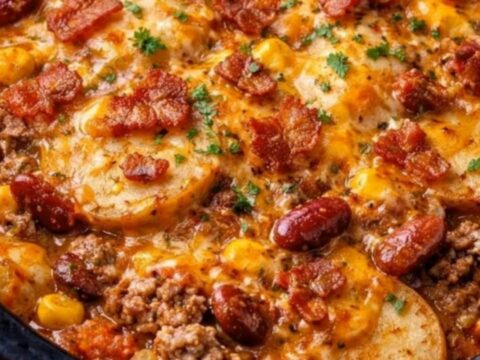 A deep spoon scooping out a serving of cheesy cowboy casserole from a slow cooker with a dramatic cheese pull.