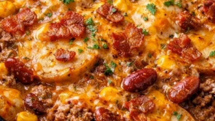 A deep spoon scooping out a serving of cheesy cowboy casserole from a slow cooker with a dramatic cheese pull.