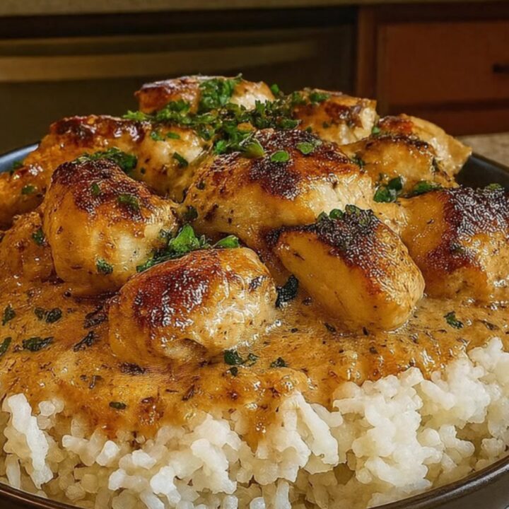 A dark bowl filled with fluffy white rice topped with golden seared chicken bites and a rich, creamy herb gravy.