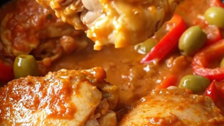 A close-up view of slow-cooked chicken thighs in a rich tomato sauce with olives and red peppers.
