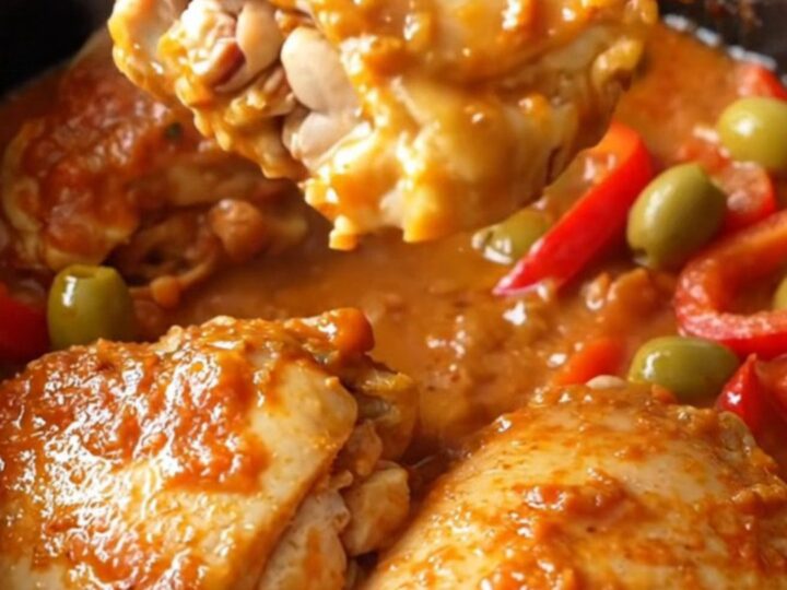 A close-up view of slow-cooked chicken thighs in a rich tomato sauce with olives and red peppers.