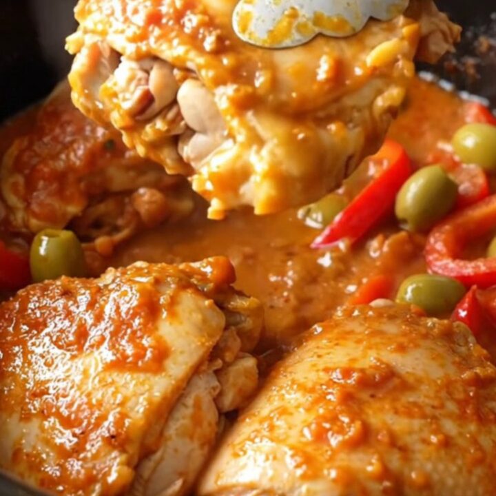 A close-up view of slow-cooked chicken thighs in a rich tomato sauce with olives and red peppers.