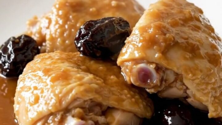 A top-down view of six tender chicken thighs braised in a slow cooker with prunes and green olives.
