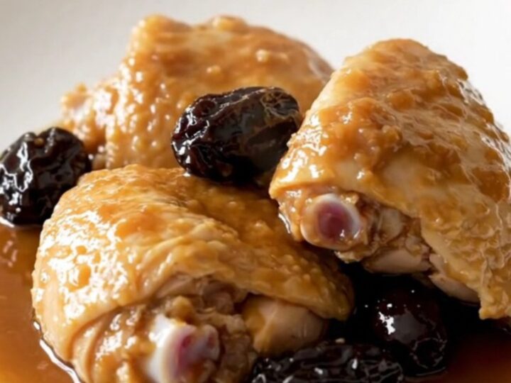A top-down view of six tender chicken thighs braised in a slow cooker with prunes and green olives.