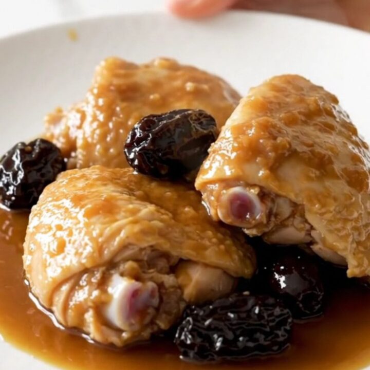 A top-down view of six tender chicken thighs braised in a slow cooker with prunes and green olives.