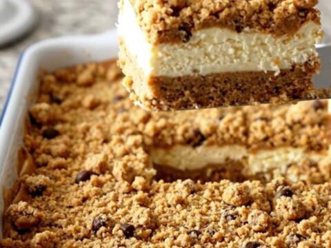 A top-down view of chocolate chip cookie cheesecake bars in a white baker on a speckled granite surface.