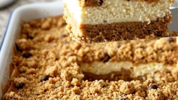 A top-down view of chocolate chip cookie cheesecake bars in a white baker on a speckled granite surface.
