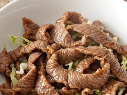 A close-up of a bowl filled with tender steak strips, shredded cabbage, and carrots in a savory soy-ginger sauce.
