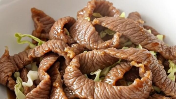 A close-up of a bowl filled with tender steak strips, shredded cabbage, and carrots in a savory soy-ginger sauce.