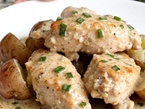A close-up of creamy chive chicken and tender baby potatoes served on a white plate.