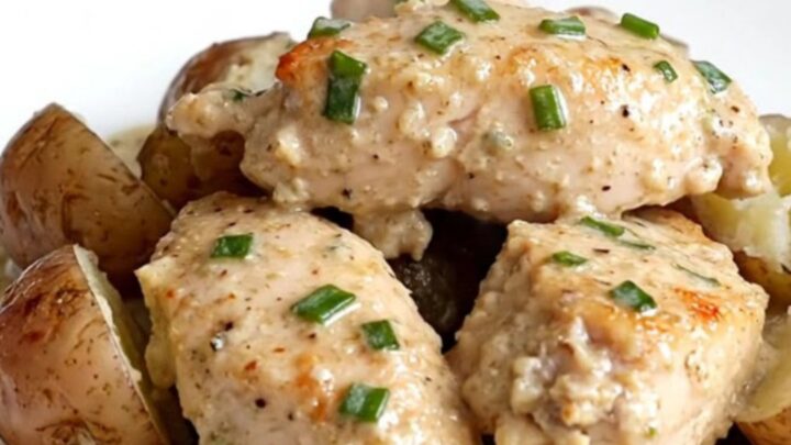 A close-up of creamy chive chicken and tender baby potatoes served on a white plate.