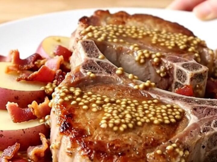 Slow cooker German pork chops with potatoes and bacon on a light butcher-block counter.