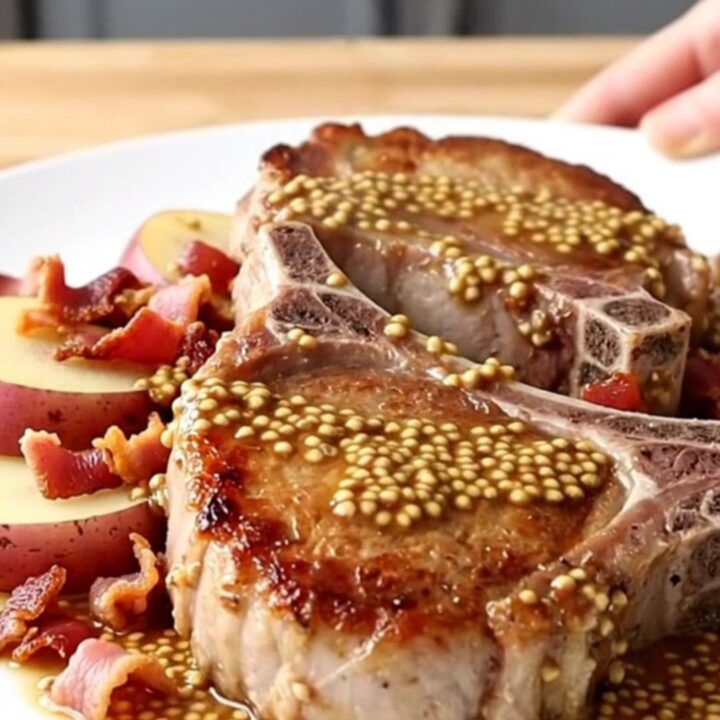 Slow cooker German pork chops with potatoes and bacon on a light butcher-block counter.