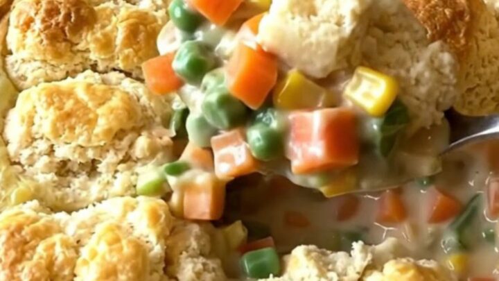 A large rectangular baking dish filled with a creamy vegetable mix topped with golden baked biscuit pieces.