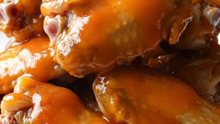 A close-up view of slow-cooked apricot sriracha chicken wings served on a white plate.