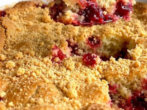 A golden-brown cranberry and pineapple dump cake in a white ceramic baking dish on a granite surface.