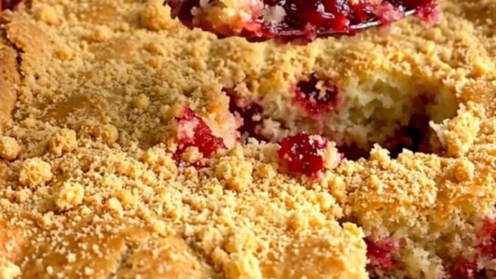 A golden-brown cranberry and pineapple dump cake in a white ceramic baking dish on a granite surface.