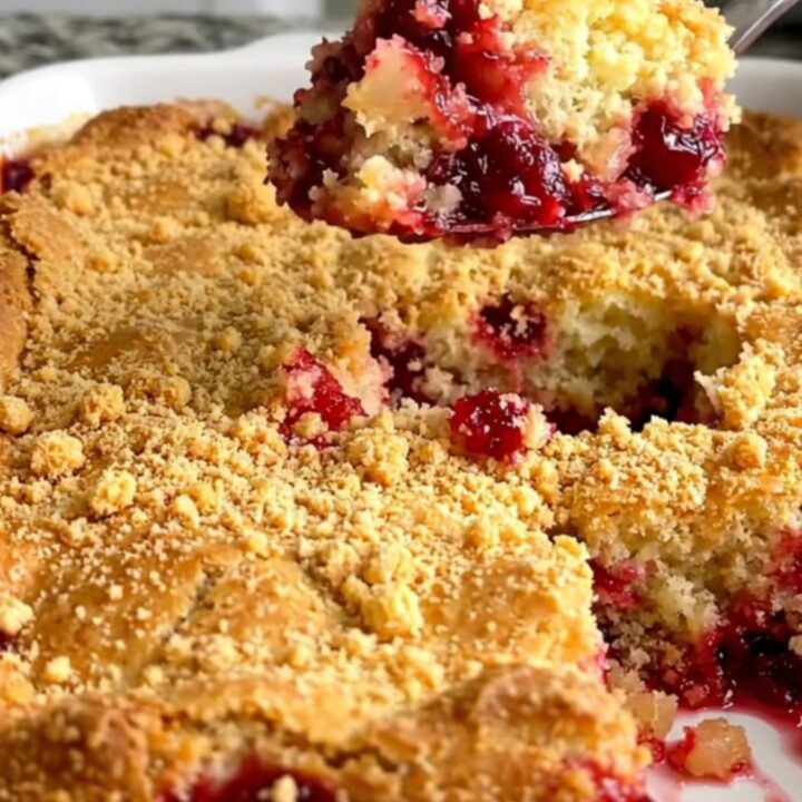 A golden-brown cranberry and pineapple dump cake in a white ceramic baking dish on a granite surface.