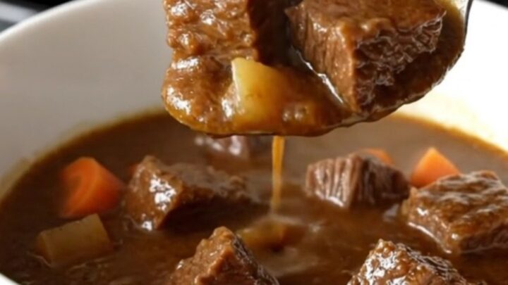 A close-up of a bowl of Jamaican-style beef and butter bean stew with visible chunks of tender beef and carrots.