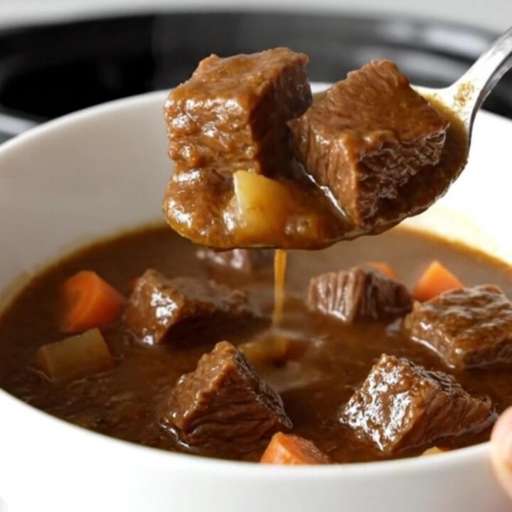 A close-up of a bowl of Jamaican-style beef and butter bean stew with visible chunks of tender beef and carrots.