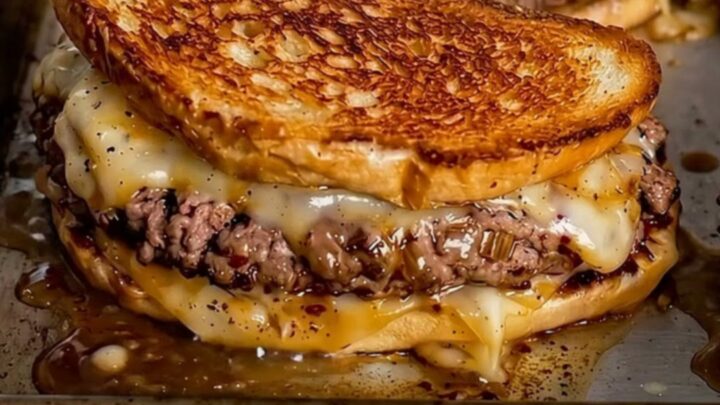 A close-up of a golden-brown patty melt, pulled apart to reveal gooey melted Swiss cheese and seasoned beef.