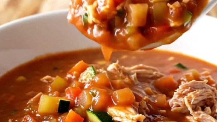 A white bowl filled with hearty ground turkey and vegetable chili with steam rising from the surface.
