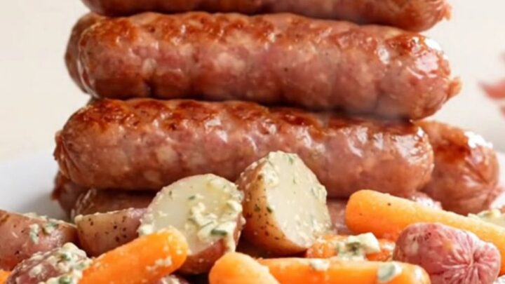Slow cooker filled with bratwurst links, halved red potatoes, and baby carrots in a creamy ranch broth.