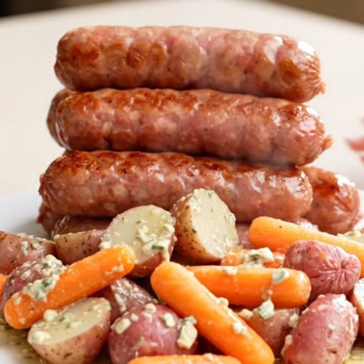 Slow cooker filled with bratwurst links, halved red potatoes, and baby carrots in a creamy ranch broth.