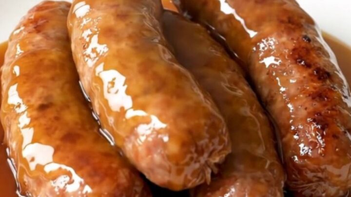 A close-up of tender maple brown sugar sausage links glistening in a thick glaze in a slow cooker.