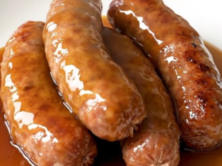 A close-up of tender maple brown sugar sausage links glistening in a thick glaze in a slow cooker.