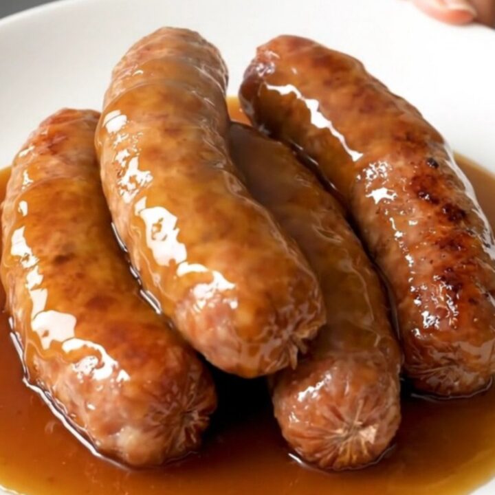 A close-up of tender maple brown sugar sausage links glistening in a thick glaze in a slow cooker.