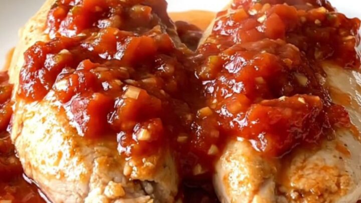 Slow cooker salsa chicken with zucchini and corn served on a white plate.