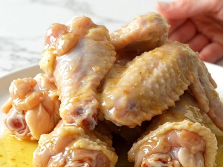 A close-up of garlic parmesan chicken wings served on a white plate, showing the buttery sauce.