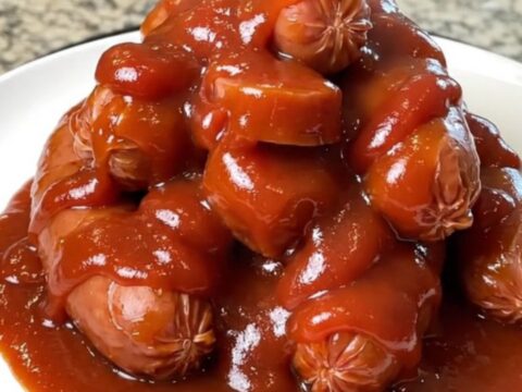 A close-up of thick, glazed kielbasa coins in a slow cooker, covered in a sticky brown sugar and ketchup sauce.