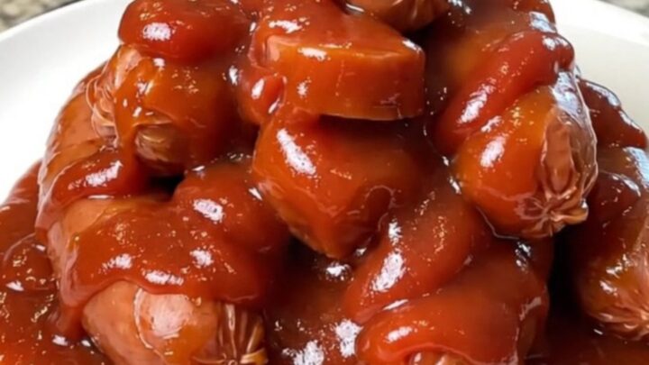 A close-up of thick, glazed kielbasa coins in a slow cooker, covered in a sticky brown sugar and ketchup sauce.