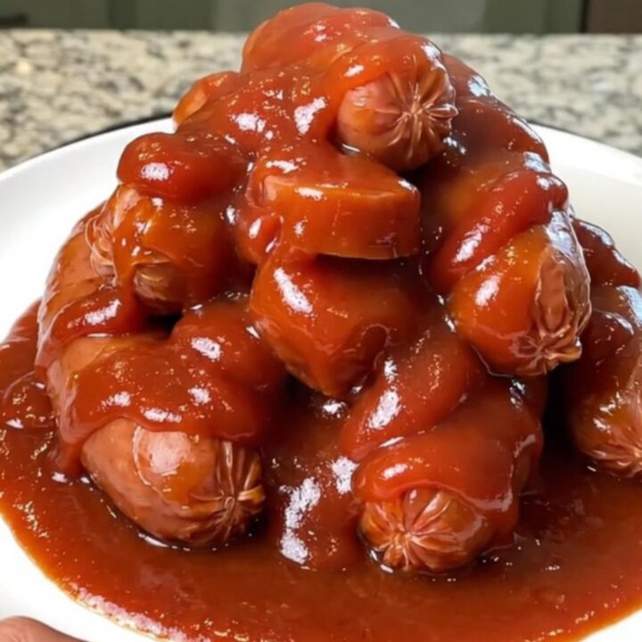 A close-up of thick, glazed kielbasa coins in a slow cooker, covered in a sticky brown sugar and ketchup sauce.
