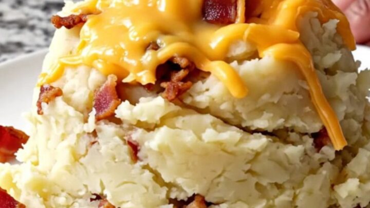 A top-down view of a slow cooker filled with creamy mashed potatoes, bacon, and melted cheddar cheese.