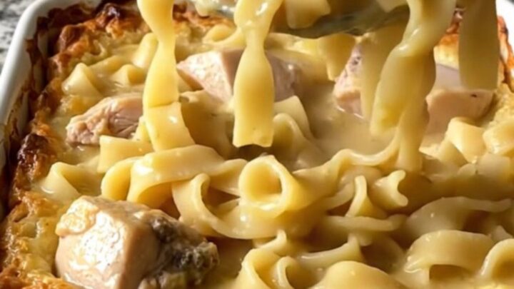 A top-down view of a rectangular baking dish filled with raw chicken, egg noodles, and creamy sauce before baking.