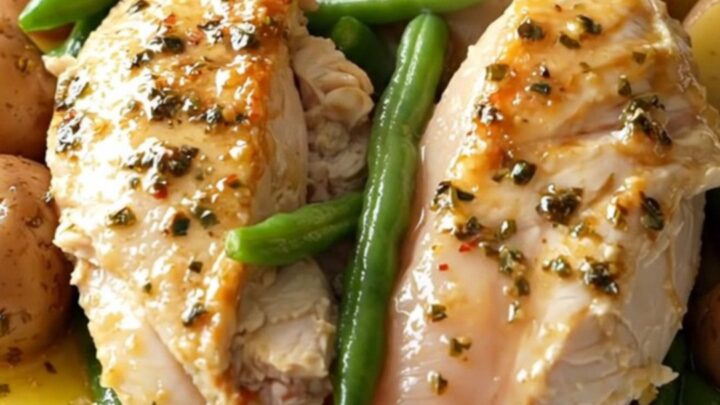 A top-down view of a slow cooker filled with chicken breasts, green beans, and baby potatoes seasoned with Italian herbs.