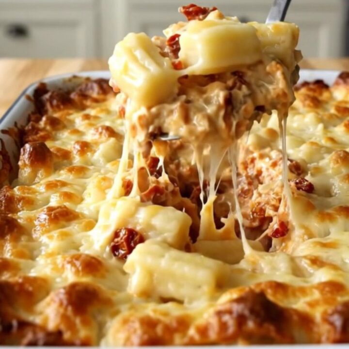 A top-down view of a golden, bubbling gnocchi bake in a white rectangular dish on a wooden surface.