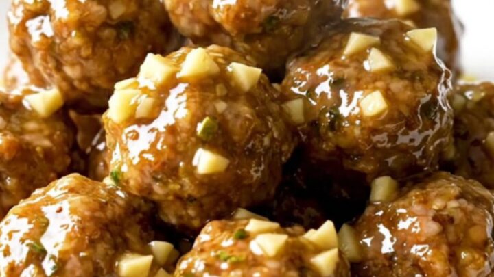 A slow cooker filled with turkey meatballs and gold potatoes coated in a rich, buttery herb sauce.