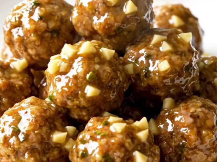 A slow cooker filled with turkey meatballs and gold potatoes coated in a rich, buttery herb sauce.